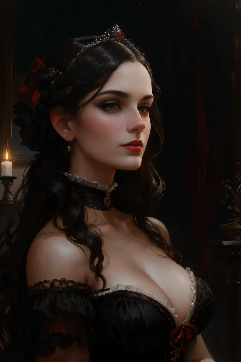 A picture of a woman wearing a black dress and red lipstick, Works inspired by Friedrich von Amerling, Inspired by Thomas Lawrence, Inspired by Franz Xaver Winterhalter, Nick Alm, oil painting style, realistic woman oil painting, elegant portrait, beautiful portrait of a woman, Inspired by Casey Baugh, elegant digital paintings, Inspired by Howard Chandler Christie, cool beauty, perfect tall model body, best quality, perfect angle, perfect composition, best shot, official art, cinematic light, supreme work of art