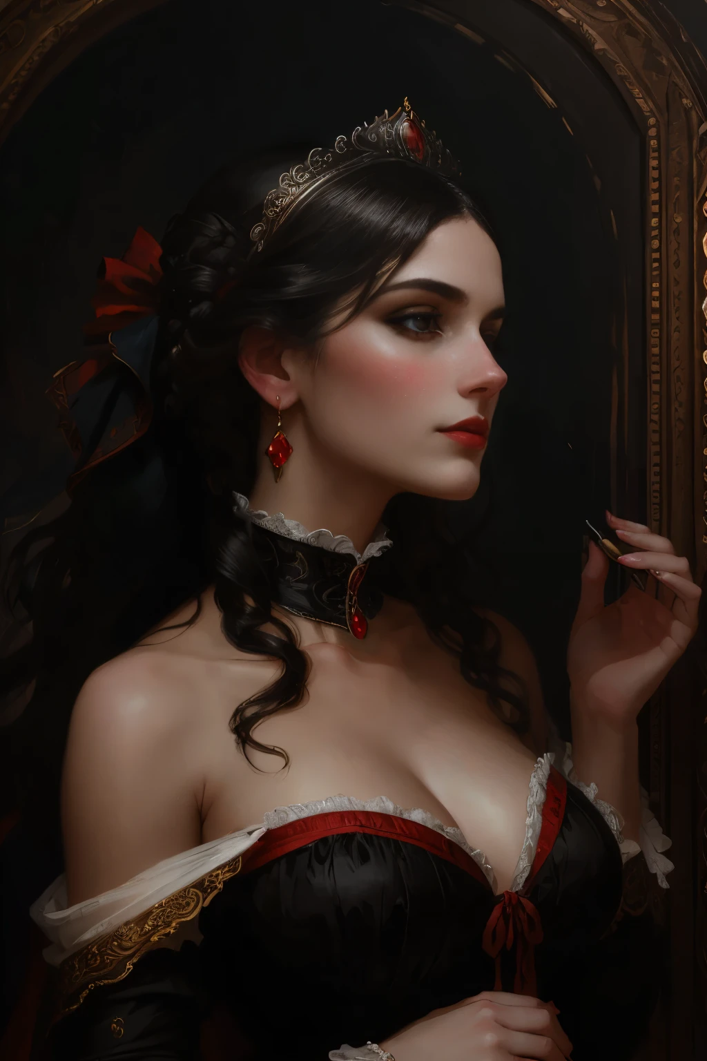 A picture of a woman wearing a black dress and red lipstick, Works inspired by Friedrich von Amerling, Inspired by Thomas Lawrence, Inspired by Franz Xaver Winterhalter, Nick Alm, oil painting style, realistic woman oil painting, elegant portrait, beautiful portrait of a woman, Inspired by Casey Baugh, elegant digital paintings, Inspired by Howard Chandler Christie, cool beauty, perfect tall model body, best quality, perfect angle, perfect composition, best shot, official art, cinematic light, supreme work of art