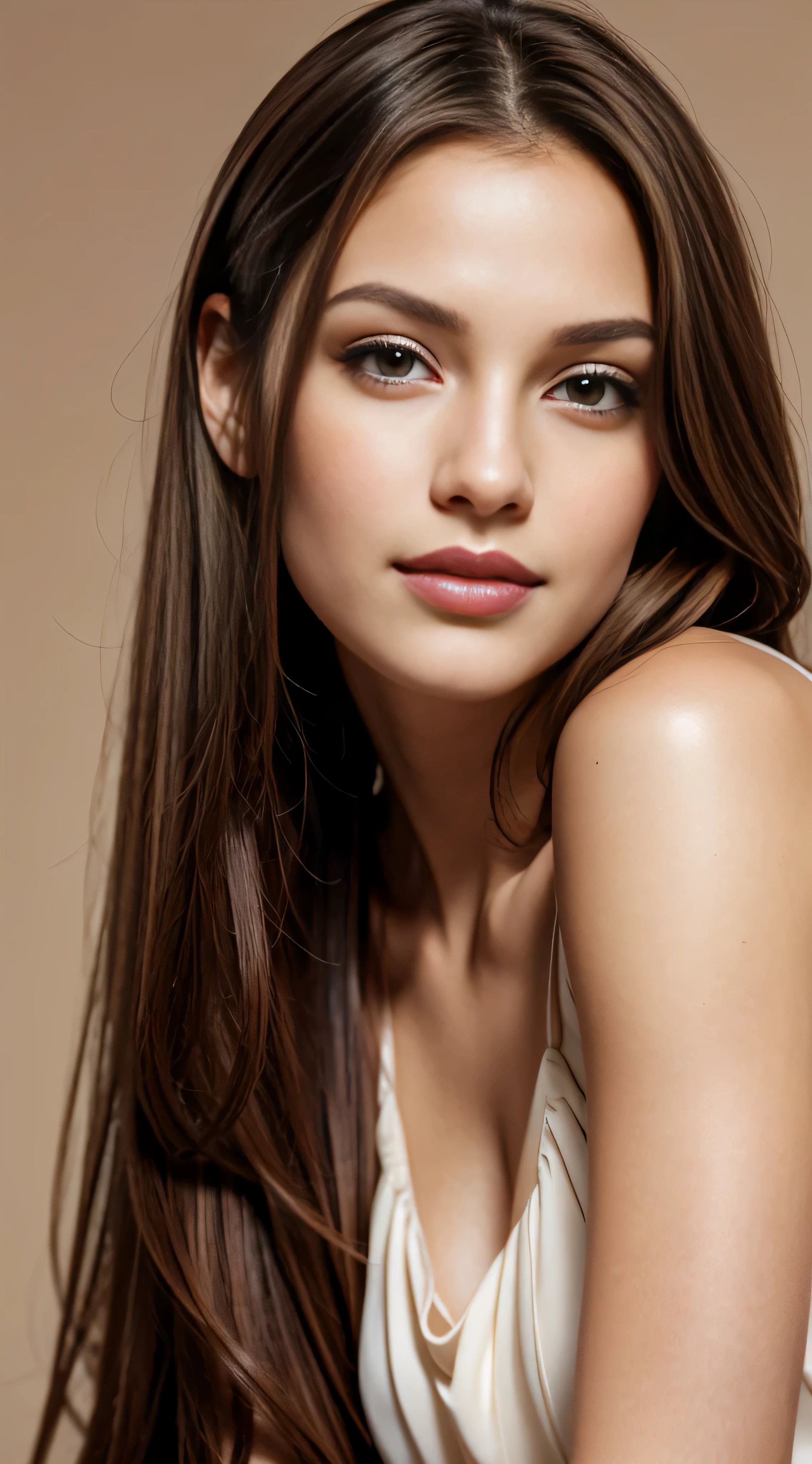 professional photo, beautiful brown hair, brown eyes, burgundy lips, female portrait, slight smile, serene, realistic skin texture, pale beige background