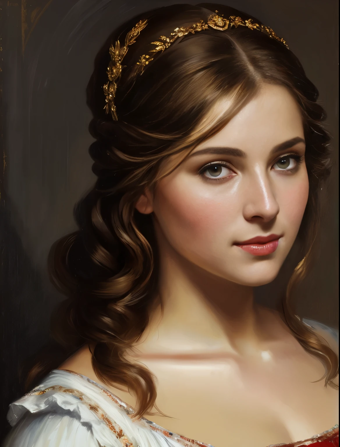 portrait, girl, 35 years old, middle ages, classicism, andrey atroshenko style, painting, styled hair, traditional media, realistic, figurative, fine art, oil on canvas, HDR, 8K, original character, high resolution, high detail, focus on the face