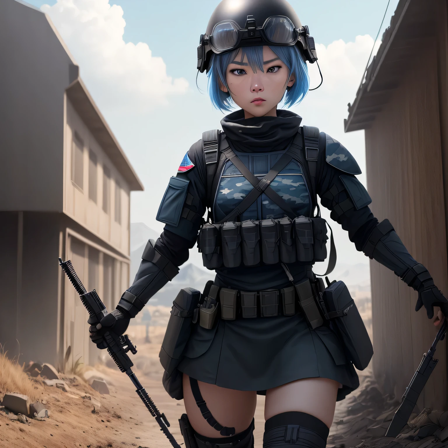 (8k, HDR, RAW photo, best quality, masterpiece:1.2, cinematic lighting), close up view, cinematic view, cinematic angle, a scene of battlefield, Korean woman on battlefield, military, combat pose, solo, (thin face), realistic beautiful face, very detailed face, angry face, serious, (bob cuts hair), ((sky blue hair)), path traced hair, ((sky blue eyes)), beauty eyes, (flat chest), (small breast), ((tactical black helmet)), black camo uniform, black shoulder pads, black tactical vest, black armor pads, (holding tactical shield in hand), tactical socks, black skirt, Detailed and complex busy background, (Battlefield:1.3), look up, upper body