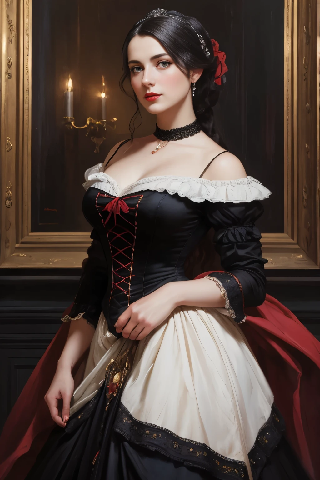 A picture of a woman wearing a black dress and red lipstick, Works inspired by Friedrich von Amerling, Inspired by Thomas Lawrence, Inspired by Franz Xaver Winterhalter, Nick Alm, oil painting style, realistic woman oil painting, elegant portrait, beautiful portrait of a woman, Inspired by Casey Baugh, elegant digital paintings, Inspired by Howard Chandler Christie, cool beauty, perfect tall model body, best quality, perfect angle, perfect composition, best shot, official art, cinematic light, supreme work of art