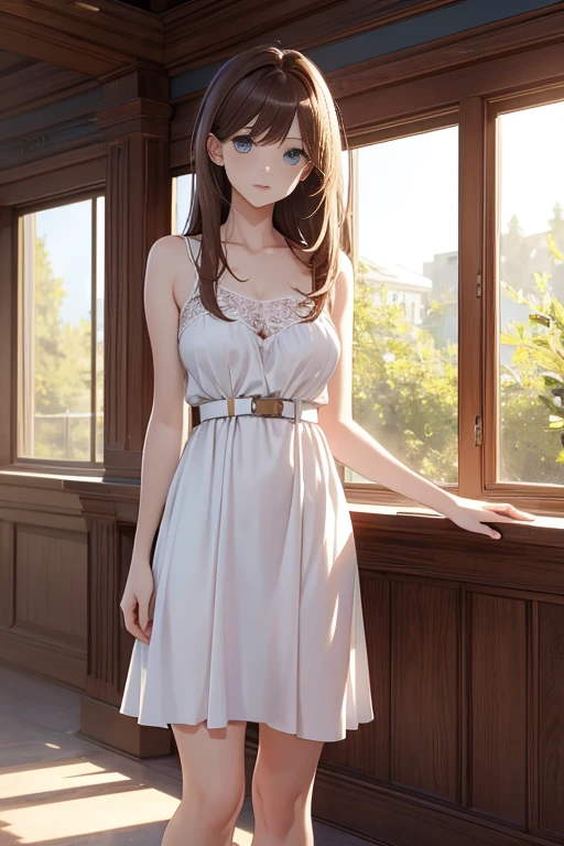 masterpiece++, best quality++, ultra-detailed+, extremely detailed++, 4K, 8K+, best quality, beautiful+, ,1person,full body image,summer room,white simple tanktop dress,narrow leather belt,tight belt++,beautiful brown hair,beautiful blue eyes, beautiful eyes++, long straight hair