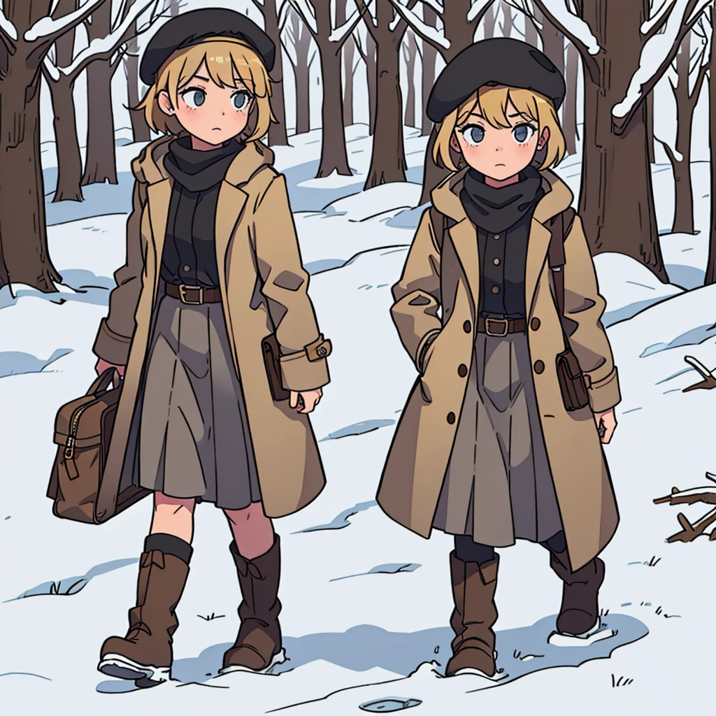 Young short, short blonde hair, brown eyes, brown cross bag, long winter coat, long skirt, black winter boots, british beret hat, large winter forrest, walking alone
