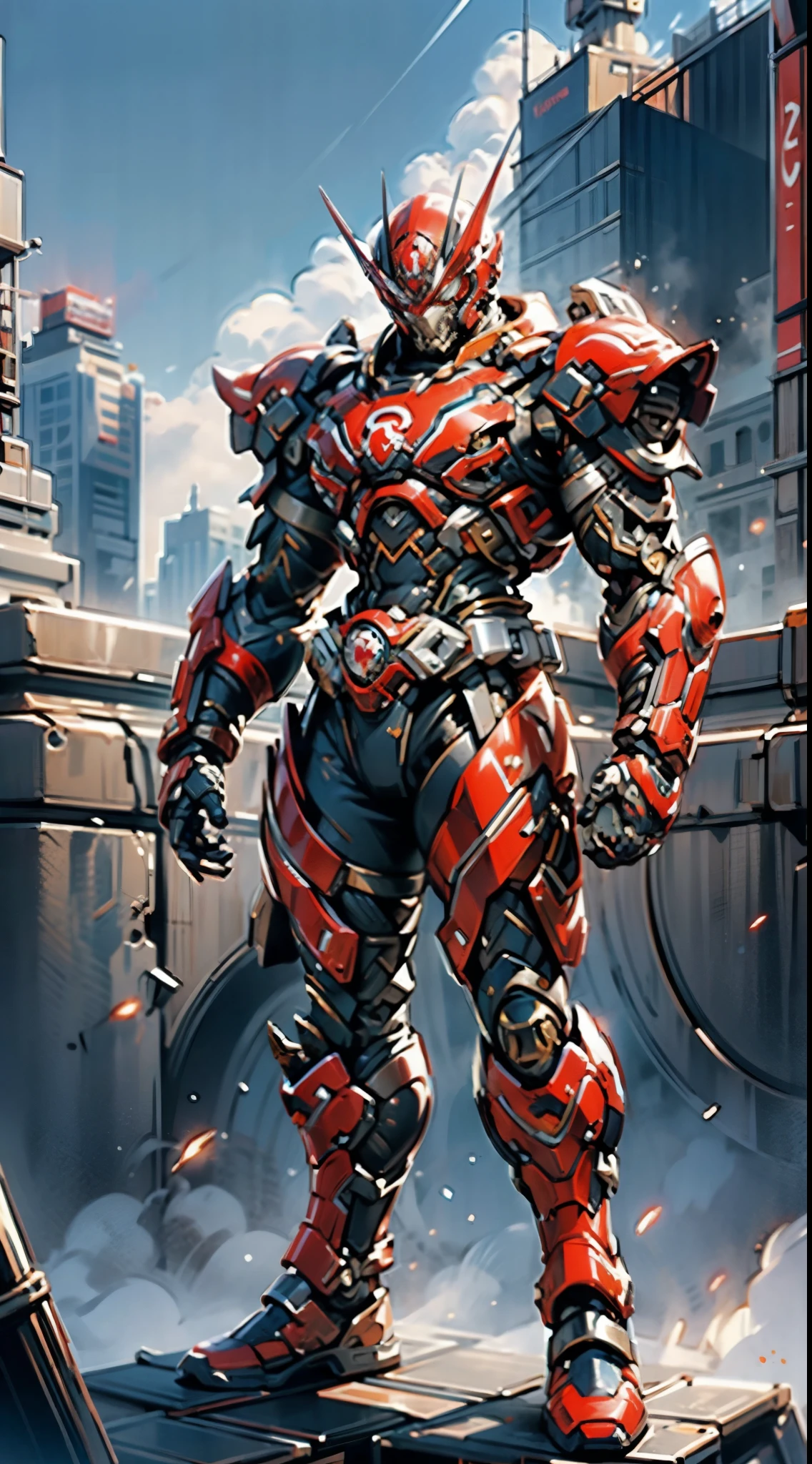 A superhero, a high-tech biotech battle suit, standing on a rooftop, looking over the city, Japanese tokusatsu and American comic style, biometallic texture of the suit, sleek and shiny, dynamic, metallic, sophisticated design, symmetrical face, extremely detailed eyes and face, high quality eyes, high definition, best quality, highres, ultra-detailed, ultra-fine painting, exquisite and mature, extremely delicate, professional, anatomically correct, creativity, UHD, HDR, 32k, Natural light, cinematic lighting, best shadow, masterpiece-anatomy-perfect, masterpiece
