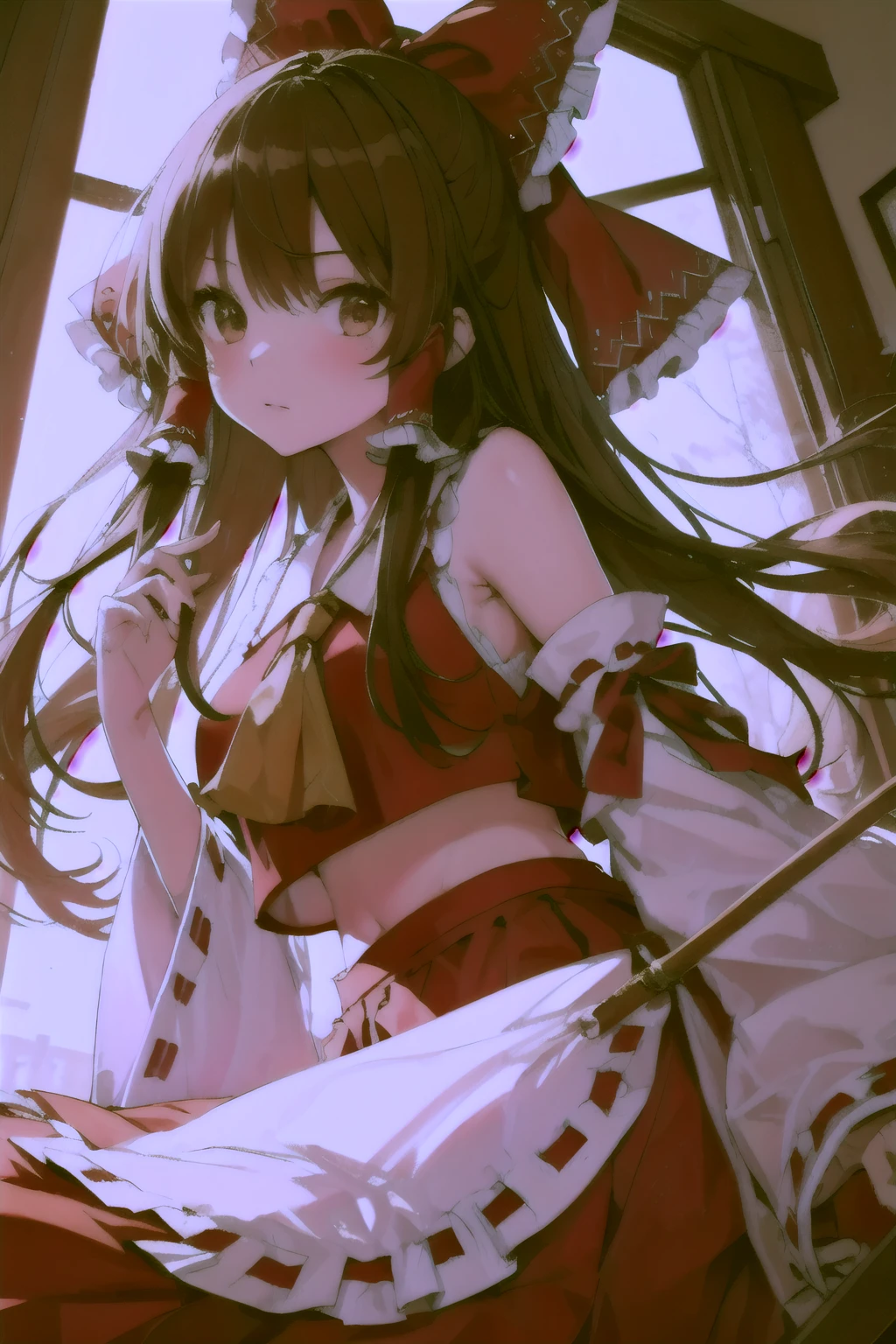 detailed background, masterpiece, best quality, 1girl, hakurei reimu, brown hair, hair tubes, hair ribbon, brown eyes, touhou project, 
