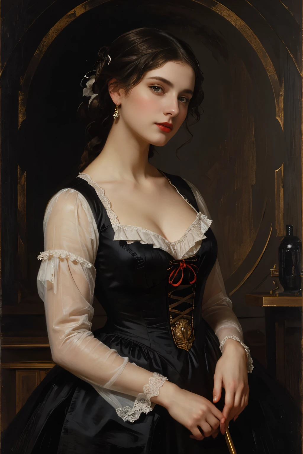 A picture of a woman wearing a black dress and red lipstick, Works inspired by Friedrich von Amerling, Inspired by Thomas Lawrence, Inspired by Franz Xaver Winterhalter, Nick Alm, oil painting style, realistic woman oil painting, elegant portrait, beautiful portrait of a woman, Inspired by Casey Baugh, elegant digital paintings, Inspired by Howard Chandler Christie, cool beauty, perfect tall model body, best quality, perfect angle, perfect composition, best shot, official art, cinematic light, supreme work of art