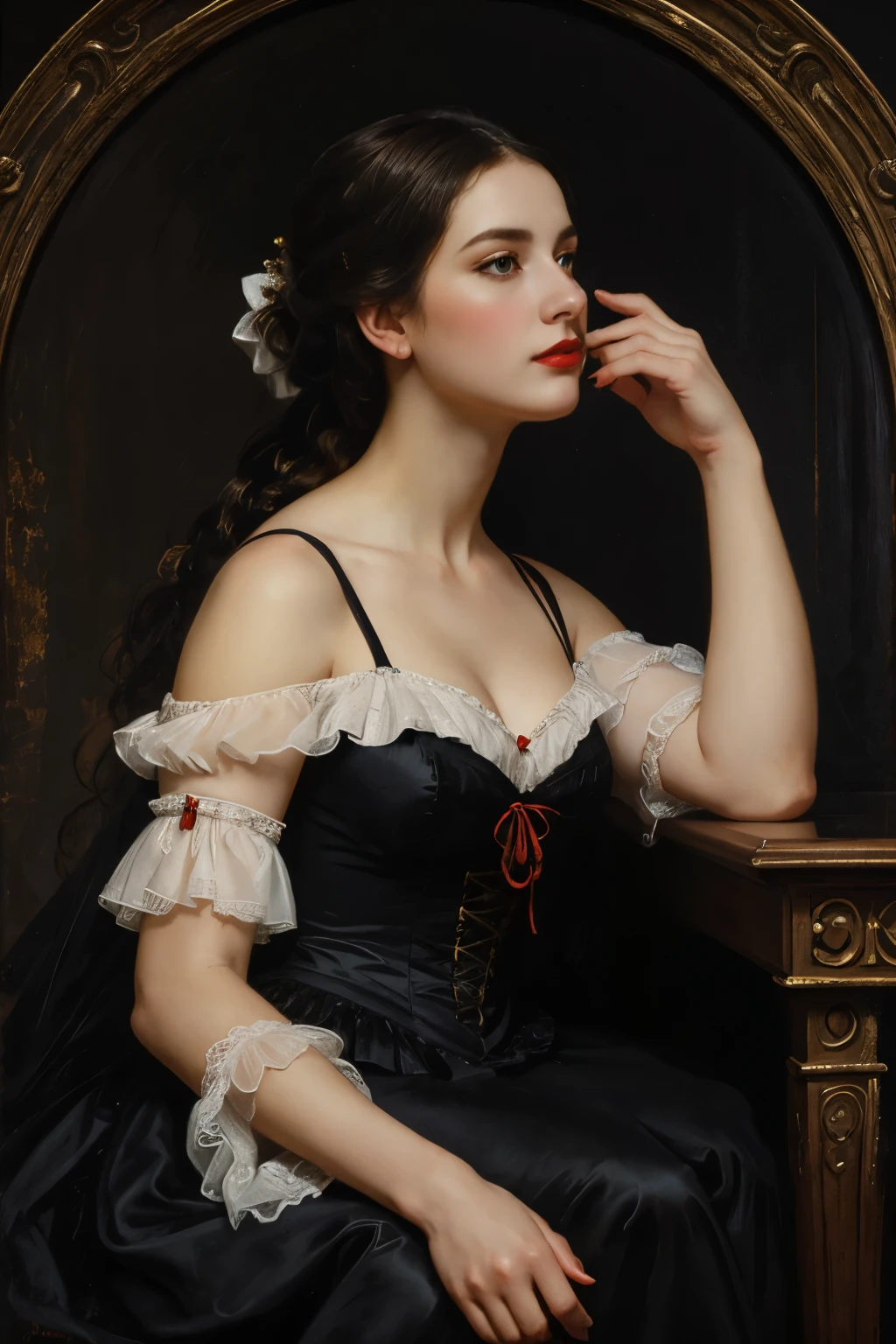 A picture of a woman wearing a black dress and red lipstick, Works inspired by Friedrich von Amerling, Inspired by Thomas Lawrence, Inspired by Franz Xaver Winterhalter, Nick Alm, oil painting style, realistic woman oil painting, elegant portrait, beautiful portrait of a woman, Inspired by Casey Baugh, elegant digital paintings, Inspired by Howard Chandler Christie, cool beauty, perfect tall model body, best quality, perfect angle, perfect composition, best shot, official art, cinematic light, supreme work of art
