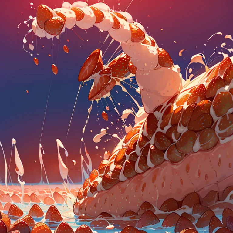 A pastry レスラー covered in strawberry parfait serving a giant strawberry、amazing dynamism、amazing angle、A swirling sandstorm of unstable buoyancy、(((A lot of friendly giant strawberries gather together and float around chasing each other..)))。surround each other'giant strawberry、spiral