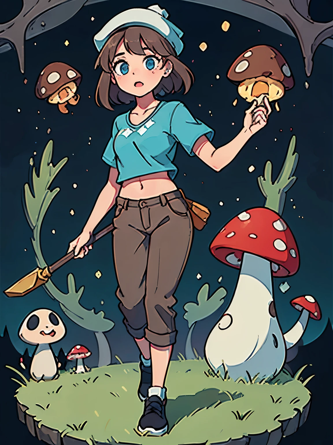 Cute Girl with Brown Hair, Blue Eyes, Red Mushroom Hat, Green Shirt, BLACK Pants, Gray Shoes & Mushroom Staff with Mushroom background 