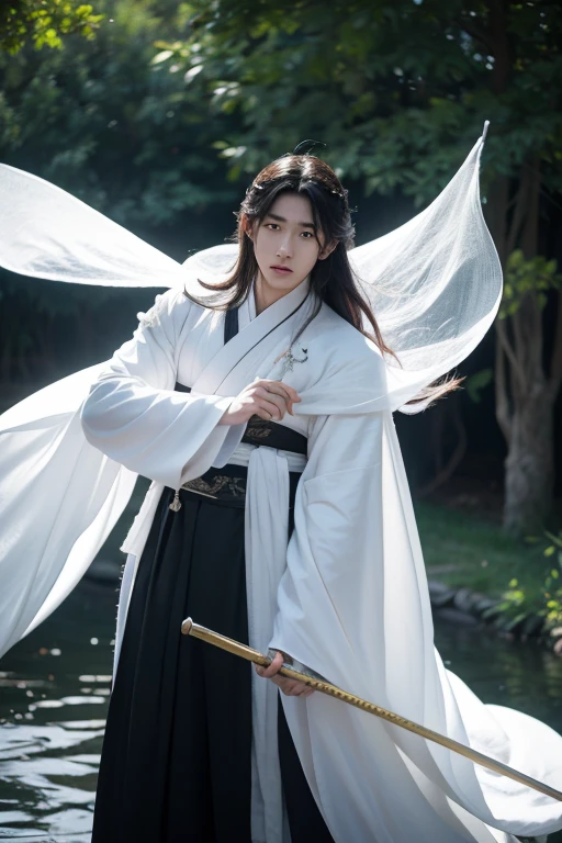 Close-up of man in black robe spinning while holding fairy sword, white hanfu, Inspired by Zhang Han, cai xukun, Beautiful and handsome prince, beautifully, heise jinyao, full body martial arts, inspired by Guan Daosheng, flowing hair and gown, Inspired by Gu An, hanfu, flowing white robe，Background ancient Chinese fairy mansion