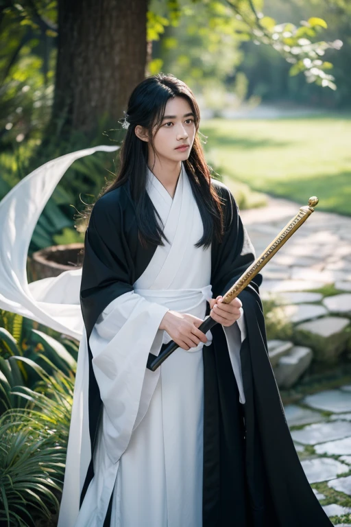 Close-up of man in black robe spinning while holding fairy sword, white hanfu, Inspired by Zhang Han, cai xukun, Beautiful and handsome prince, beautifully, heise jinyao, full body martial arts, inspired by Guan Daosheng, flowing hair and gown, Inspired by Gu An, hanfu, flowing white robe,Background ancient Chinese fairy mansion
