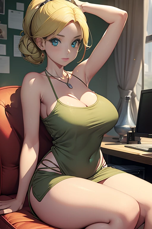 Bianca \(dragon quest\), bianca, dragon quest, (masterpiece, best quality, 4k, photorealistic, cinematic, ultra-detailed), wide shot, full body, perfect anatomy, curvaceous body, perfect eyes, perfect hands, large chest, long round legs, 1 girl, blonde hair, sitting in an office chair, ivory silk camisole top, olive green cropped trousers, tan strappy heels, effortless half-up half-down hairstyle, delicate layered necklace