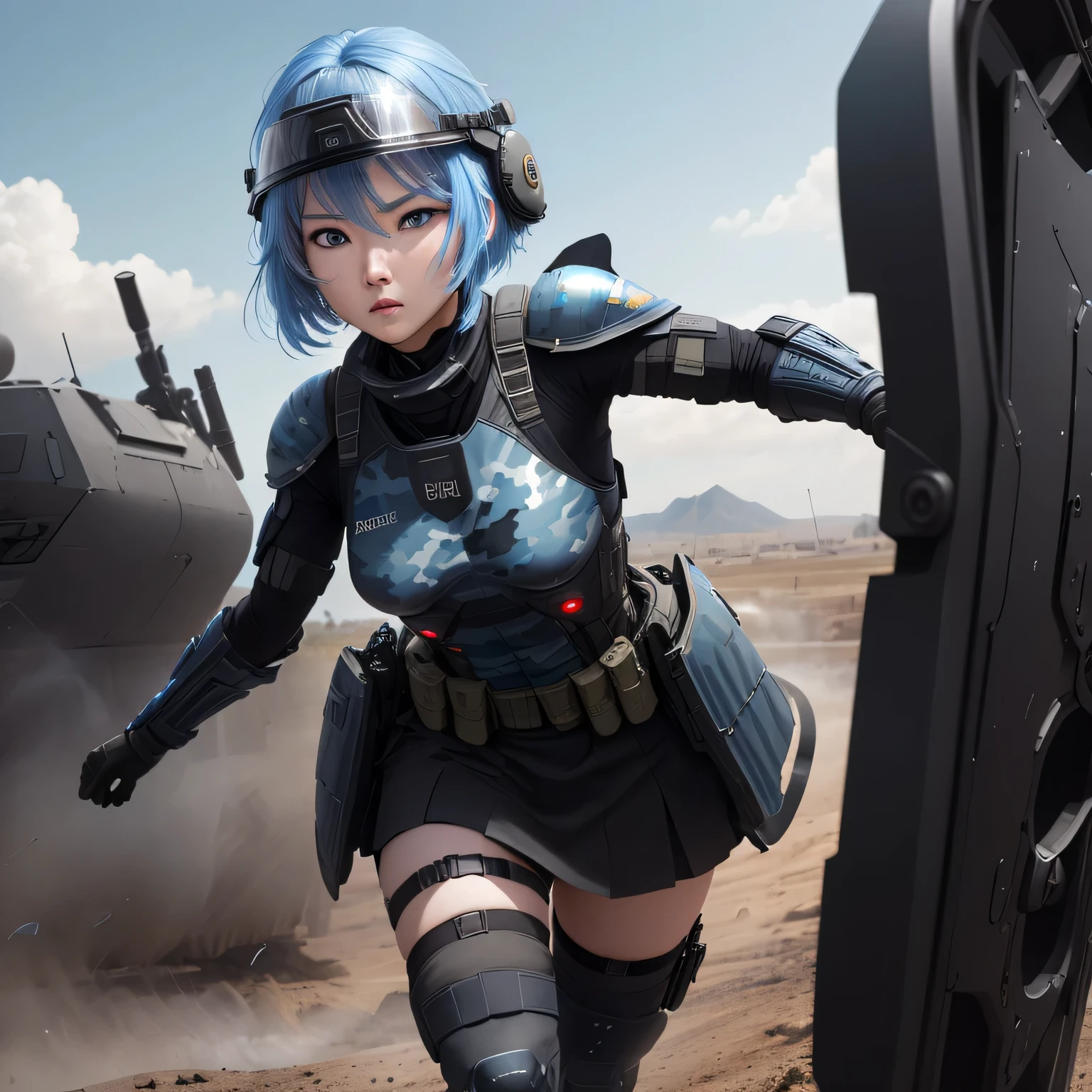 (8k, HDR, RAW photo, best quality, masterpiece:1.2, cinematic lighting), close up view, cinematic view, cinematic angle, a scene of battlefield, (Korean woman holding shield in battlefield), military, combat pose, solo, (thin face), realistic beautiful face, very detailed face, angry face, serious, (bob cuts hair), ((sky blue hair)), path traced hair, ((sky blue eyes)), beauty eyes, (flat chest), (small breast), ((tactical black helmet)), black camo uniform, black shoulder pads, black tactical vest, black armor pads, tactical socks, black skirt, Detailed and complex busy background, (Battlefield:1.3), look up, upper body