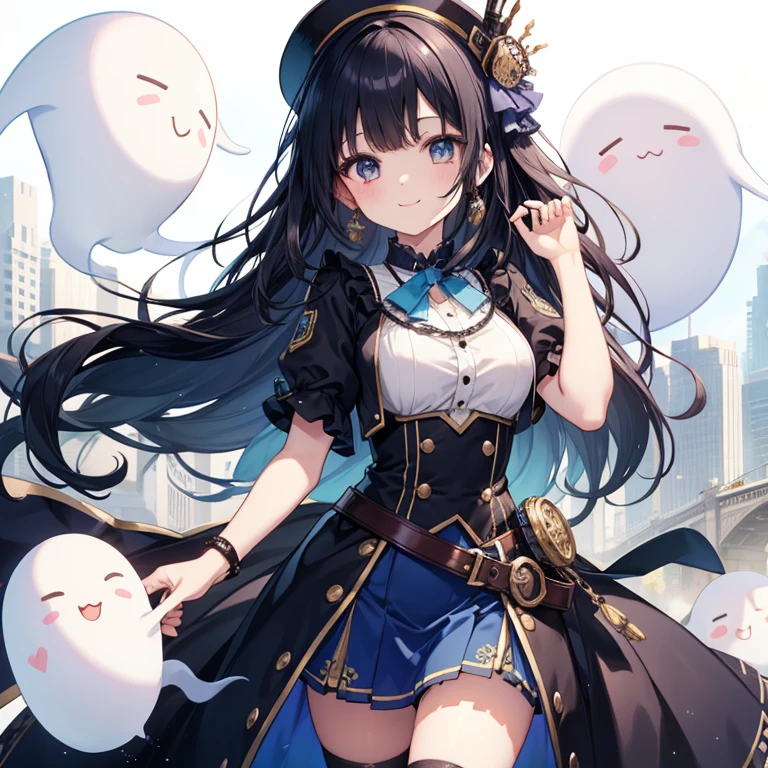 highest quality、1 girl、Idol、Light blue mini skirt、steampunk costume、cute anime illustration、A big smile、black hair、long hair、straight hair、tall、thin、ghost stuffed animal
