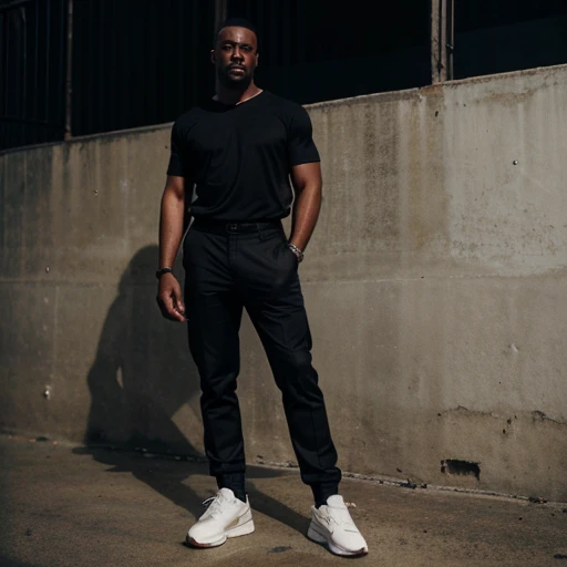 A full body shot of a 44 year old handsome black african american man, coffe dark skin very short hair, mustache & goatee military haircut very dark skin african american wearing new york style clothes and designetlr basketball shoes