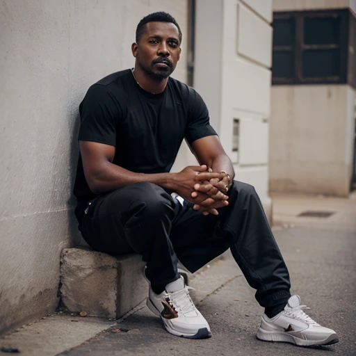 A full body shot of a 44 year old handsome black african american man, coffe dark skin very short hair, mustache & goatee military haircut very dark skin african american wearing new york style clothes and designetlr basketball shoes