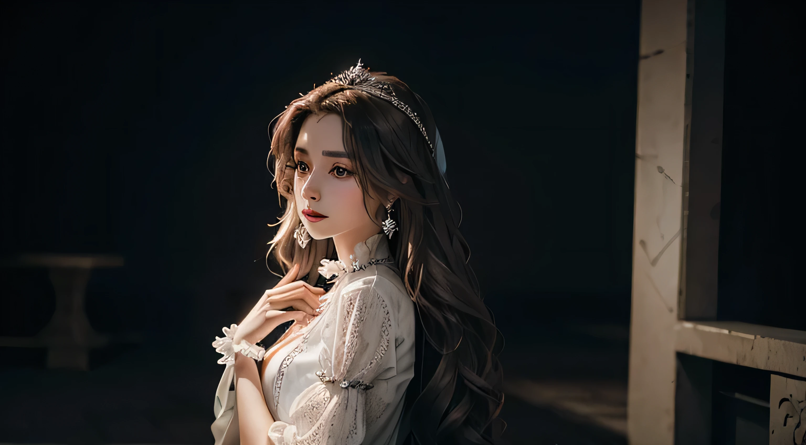 Princesa hermosa de cabello plateado misteriosa y solitaria mirada triste