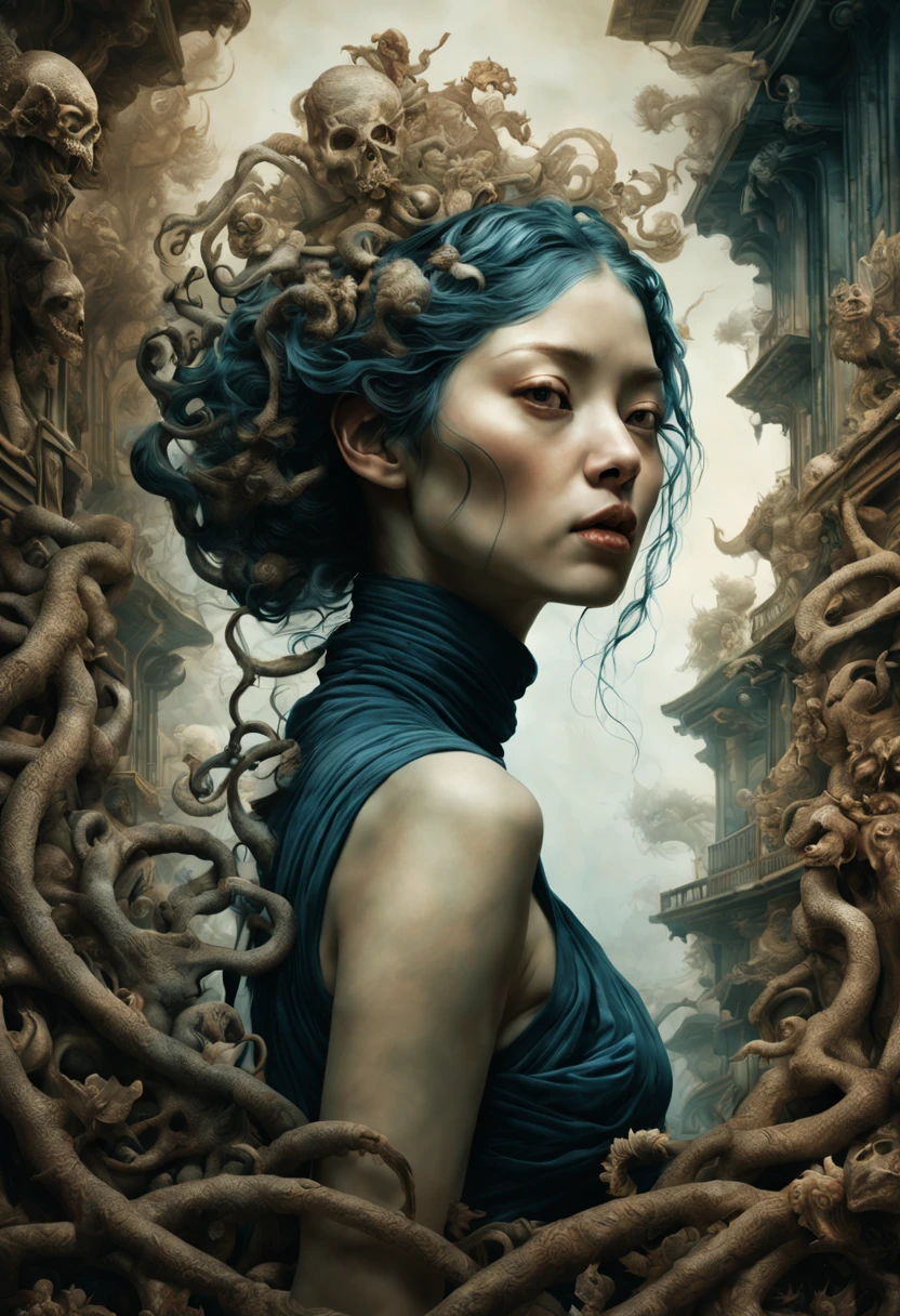 korean women, maze of heaven by style of Guillermo del Toro, Adrian Donoghue, Alberto Seveso, Anna Dittmann, Arthur Rackham, Giger, centered,, highly detailed, extremely detailed, delicate detail, crisp quality, ultra realistic, hyperrealistic, award jenny saville, edward hopper, surrealism, dark art by james jean, takato yamamoto,