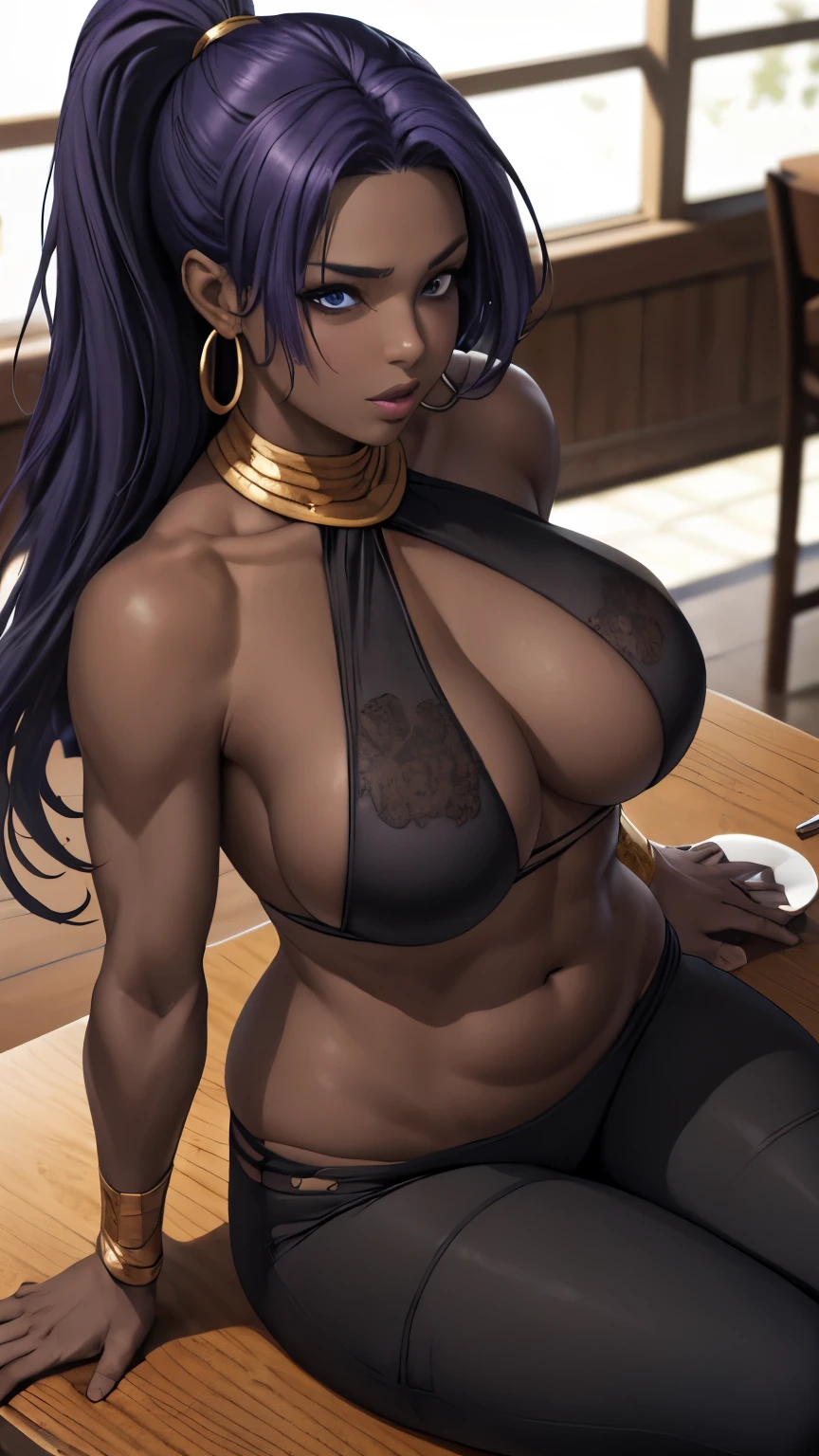 (table top, highest quality:1.2), 1 girl, alone,( dynamic angle,:1.1) mature, 100facehassan, destiny, (dark gray skin:1.2), blue eyes, long hair, purple hair, ponytail, big lips, blank expression, gold jewelry, big breasts, pants, Tight, belly button, abs, hoop earrings, halter neck, Dark background,  background、realistic, Plump buttocks, slender body, Tightウエスト, from low behind 5meters, lingerie sweat