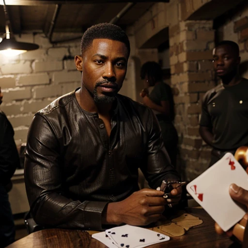 44 year old handsome black african american man, coffe dark skin very short hair, mustache & goatee military haircut very dark skin african american wearing new york style clothes playing cards with his friends in a basement, not looking at the camera. Focusing on the cards in his hands