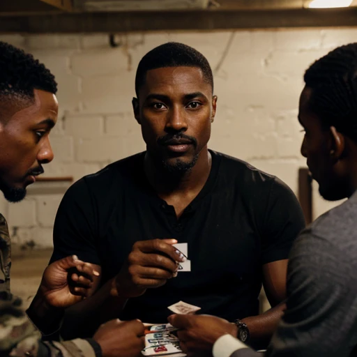 44 year old handsome black african american man, coffe dark skin very short hair, mustache & goatee military haircut very dark skin african american wearing new york style clothes playing cards with his friends in a basement, not looking at the camera. Focusing on the cards in his hands