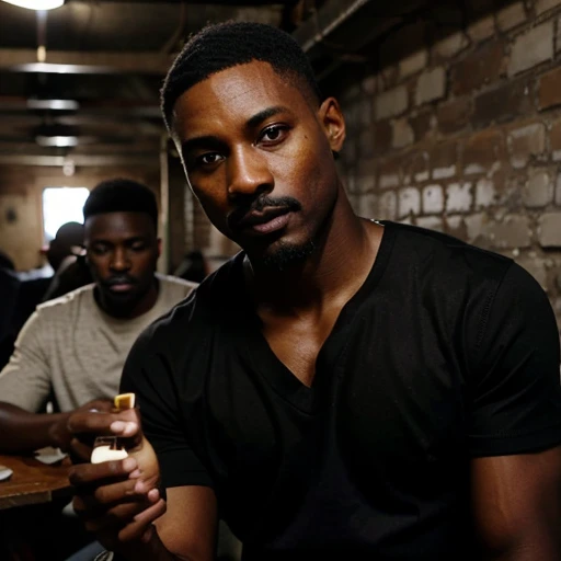 44 year old handsome black african american man, coffe dark skin very short hair, mustache & goatee military haircut very dark skin african american wearing new york style clothes playing cards with his friends in a basement, not looking at the camera. Focusing on the cards in his hands