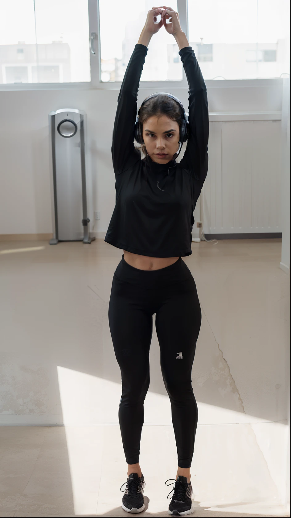 arafed woman stretching in a black outfit with headphones, wearing black tight clothing, wearing fitness gear, skintight black clothes, fit pic, black spandex, working out, fit girl, fit dainty figure, with headphones, with head phones, toned, black outfit, fit body, awesome pose, hands behind her body pose!, wearing a track suit