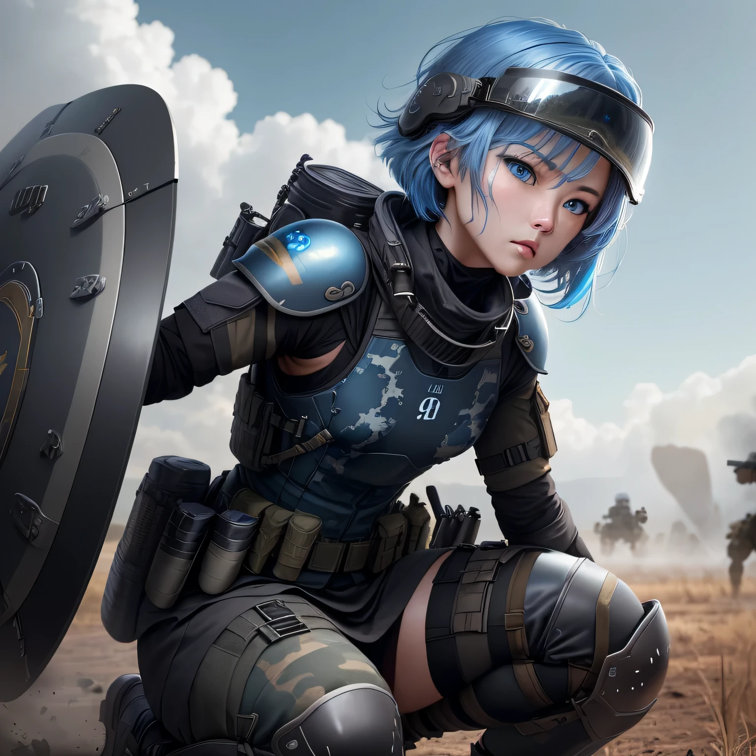 (8k, HDR, RAW photo, best quality, masterpiece:1.2, cinematic lighting), close up view, cinematic view, cinematic angle, a scene of battlefield, (Korean woman holding shield in battlefield), military, combat pose, solo, (thin face), realistic beautiful face, very detailed face, angry face, serious, (bob cuts hair), ((sky blue hair)), path traced hair, ((sky blue eyes)), beauty eyes, (flat chest), (small breast), ((tactical black helmet)), black camo uniform, black shoulder pads, black tactical vest, black armor pads, tactical socks, black skirt, detailed and complex busy background, (Battlefield:1.3), look up, upper body