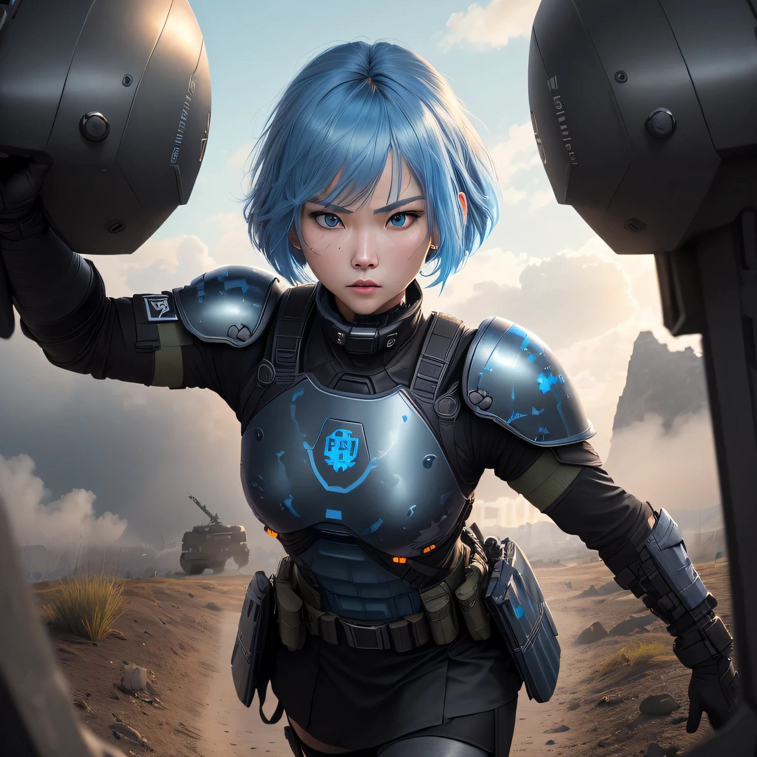 (8k, HDR, RAW photo, best quality, masterpiece:1.2, cinematic lighting), close up view, cinematic view, cinematic angle, a scene of battlefield, (Korean woman holding shield in battlefield), military, combat pose, solo, (thin face), realistic beautiful face, very detailed face, angry face, serious, (bob cuts hair), ((sky blue hair)), path traced hair, ((sky blue eyes)), beauty eyes, (flat chest), (small breast), ((tactical black helmet)), black camo uniform, black shoulder pads, black tactical vest, black armor pads, tactical socks, black skirt, detailed and complex busy background, (Battlefield:1.3), look up, upper body