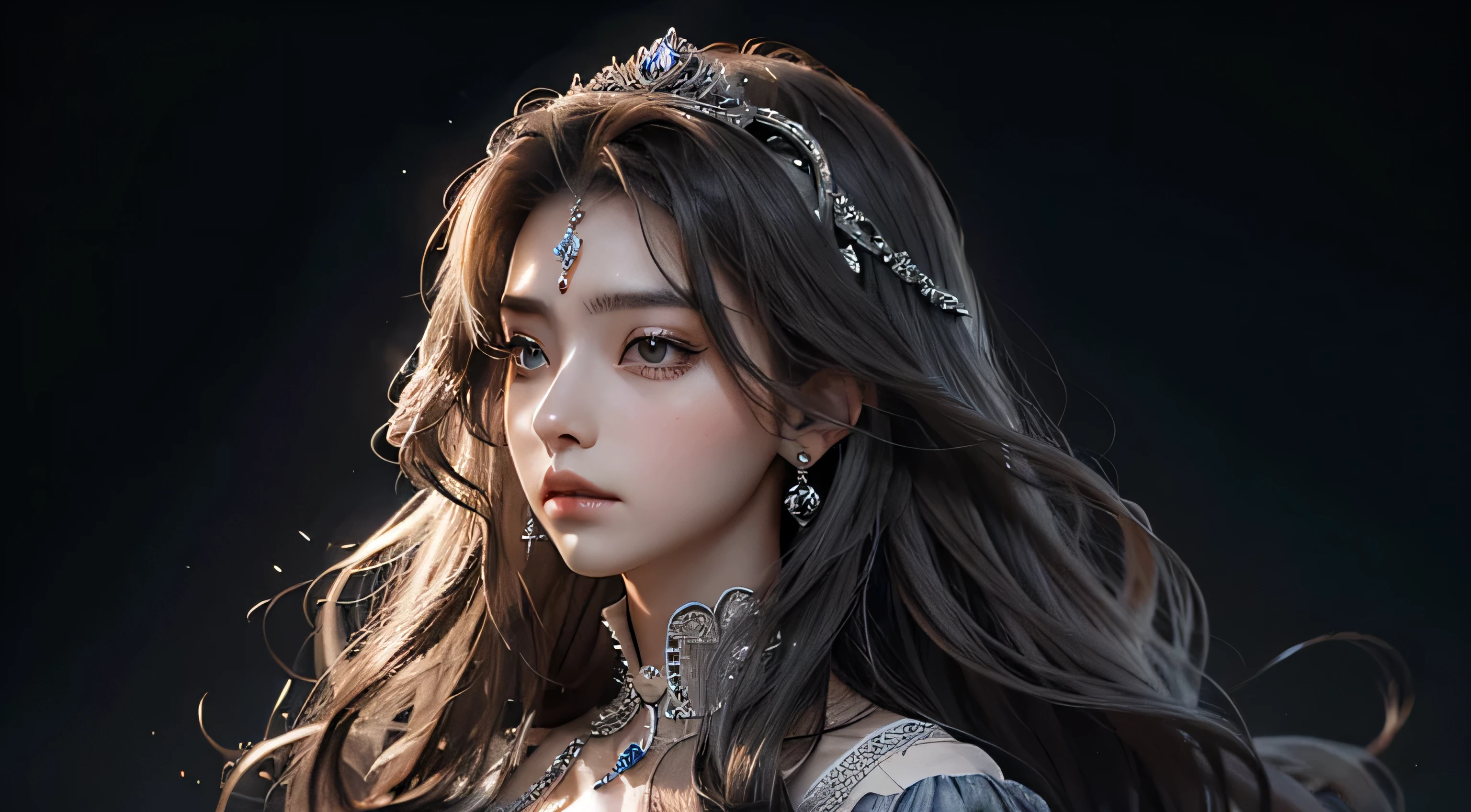 Princesa hermosa de cabello plateado misteriosa y solitaria mirada triste