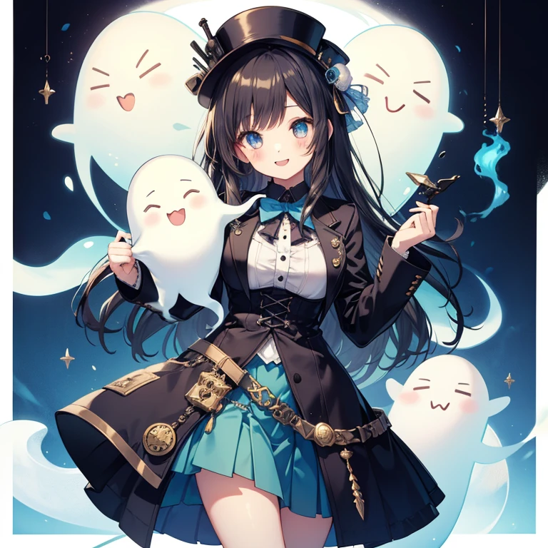 highest quality、1 girl、Idol、Light blue mini skirt、steampunk costume、cute anime illustration、A big smile、black hair、long hair、straight hair、light blue inner color、tall、thin、ghost stuffed animal、ghost patch