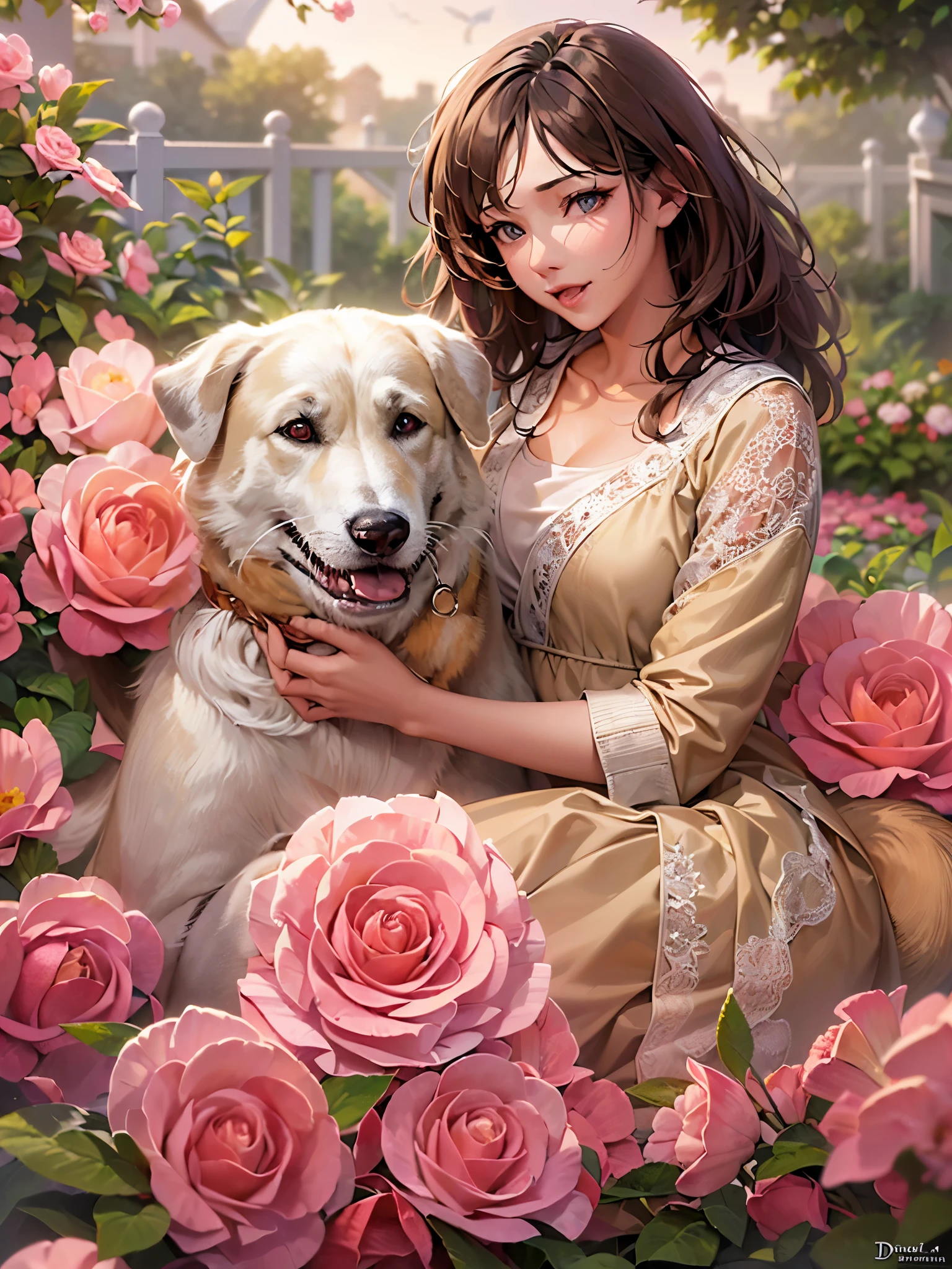 ((top quality)),(ultra high resolution),(Super detailed),(detailed description),((best CG)),(finest works of art),super precision art,amazing art of depiction,(Art with precise depiction in every detail:1.5), (1 woman:1.5),dress:1.6, (dog:1.6),snuggle up to her:1.8, rose garden:1.7