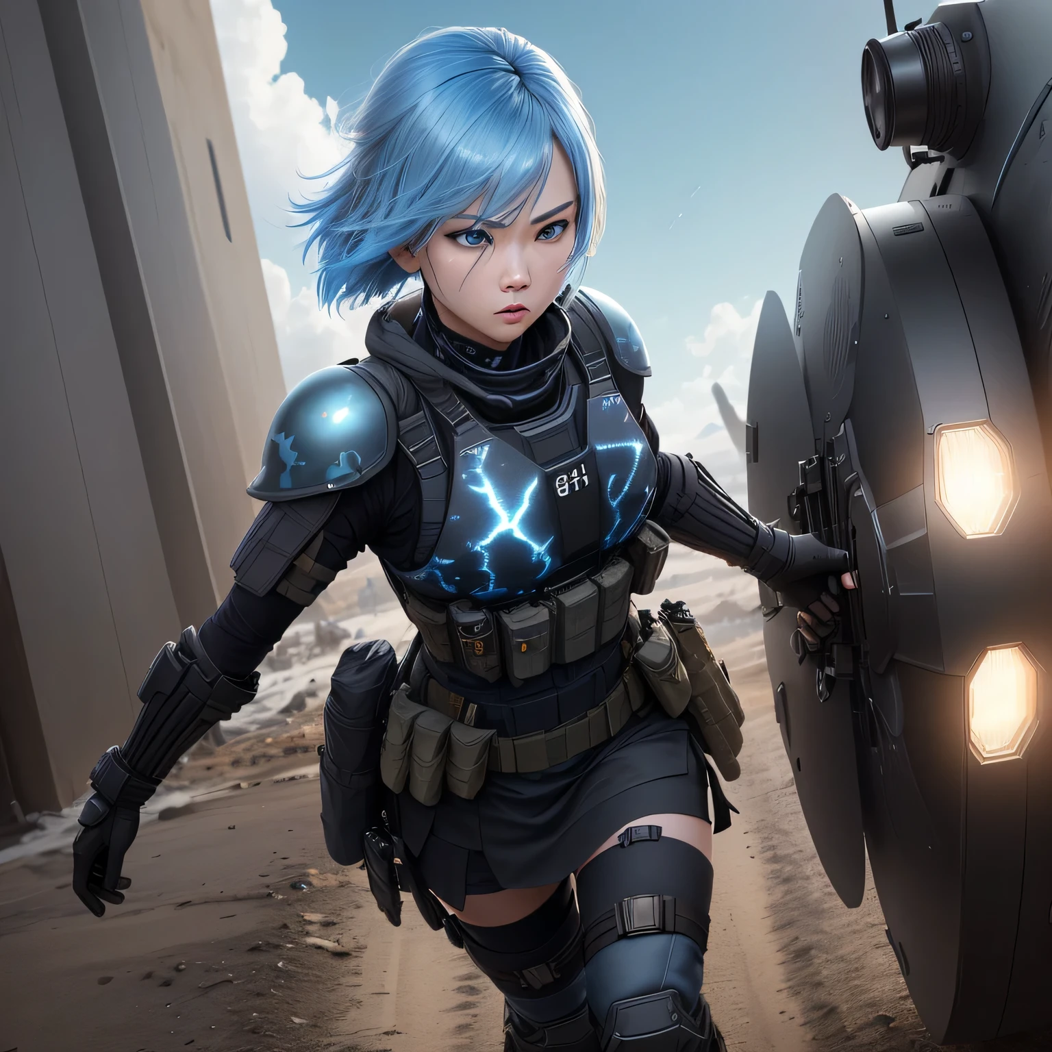 (8k, HDR, RAW photo, best quality, masterpiece:1.2, cinematic lighting), close up view, cinematic view, cinematic angle, a scene of battlefield, (Korean woman holding shield in battlefield), military, combat pose, solo, (thin face), realistic beautiful face, very detailed face, angry face, serious, (bob cuts hair), ((sky blue hair)), path traced hair, ((sky blue eyes)), beauty eyes, (flat chest), (small breast), ((tactical black helmet)), black camo uniform, black shoulder pads, black tactical vest, black armor pads, tactical socks, black skirt, detailed and complex busy background, (Battlefield:1.3), look up, upper body