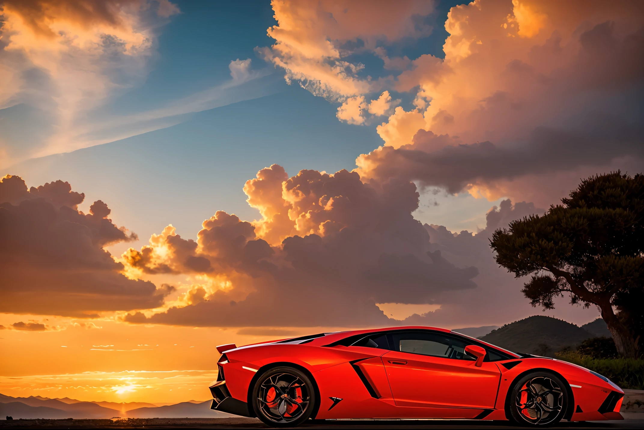 Photo of a bright red Lamborghini Aventador　Detailed description　realistic and three-dimensional　super high quality　Ultra - High resolution　bright red sunset　A town with a view of the sea in the distance　very beautiful scenery　Shooting from the side