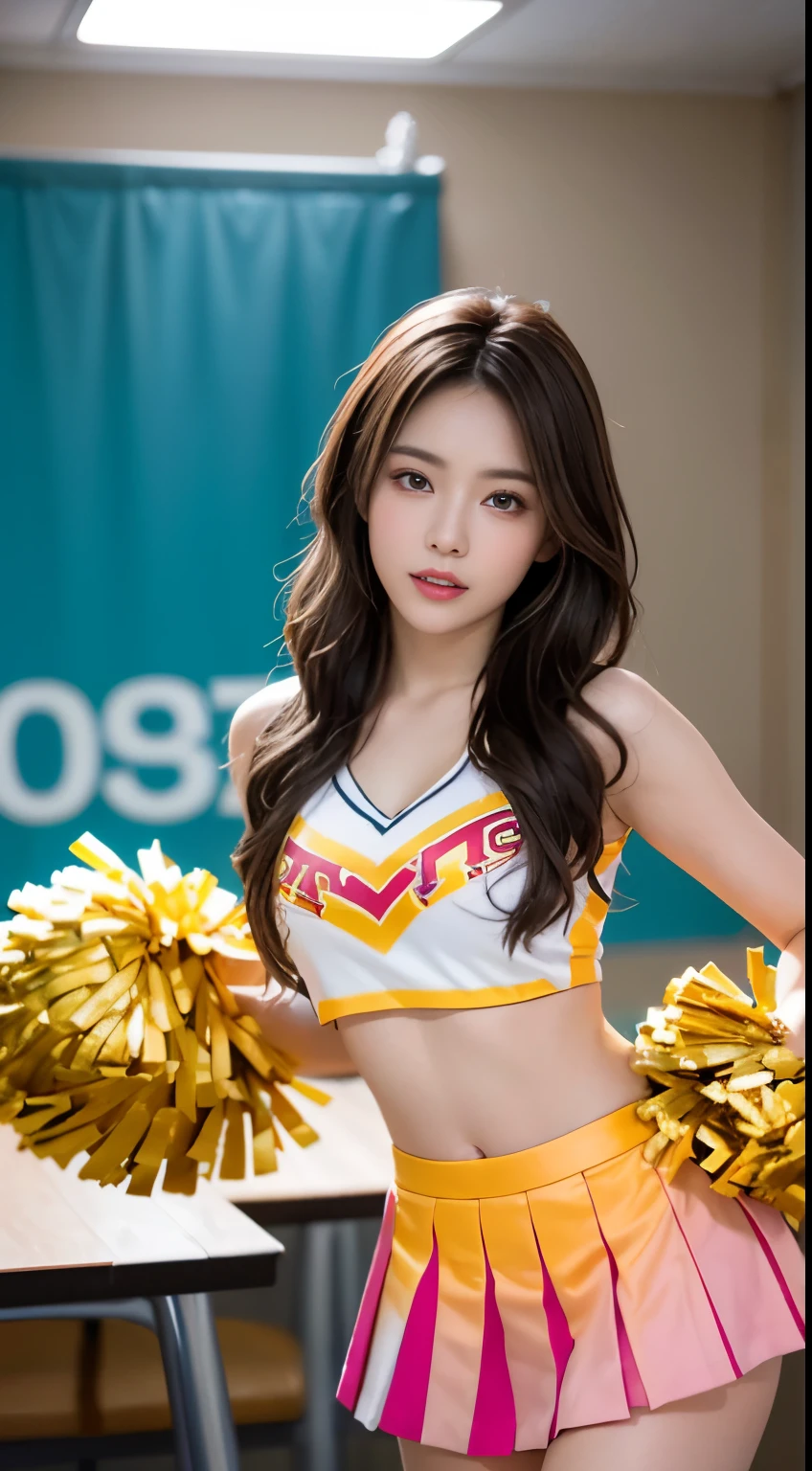 (8k, RAW photo, highest quality, table top:1.2), (realistic, photoreal:1.37),1 girl, professional lighting, photon mapping, radio city, RAW photo、(photoreal:1.4)、Octane number renderin、Ultra-detailed complex 3D renderings, soft light in studio, rim light, vivid details, super detail, realistic skin texture, Details, beautiful detail eyes, Highly detailed CG Unity 16k wallpaper, compensate, (detailed background:1.2),amazing ti quality, Super high resolution, table top, 1 girl,Brown-haired hair,(short hair), 20-year-old,((Colorful Cheergirls、cheer leading)), cute face、((pleated skirt))、Nogizaka Idol、korean idol、japanese idol、(sexy pose)、embarrassing