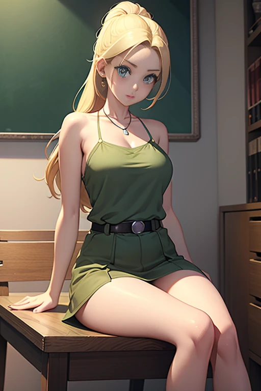 Bianca \(dragon quest\), bianca, dragon quest, (masterpiece, best quality, 4k, photorealistic, cinematic, ultra-detailed), wide shot, full body, perfect anatomy, curvaceous body, perfect eyes, perfect hands, large chest, long round legs, 1 girl, blonde hair, sitting in an office chair, ivory silk camisole top, olive green cropped trousers, tan strappy heels, effortless half-up half-down hairstyle, delicate layered necklace