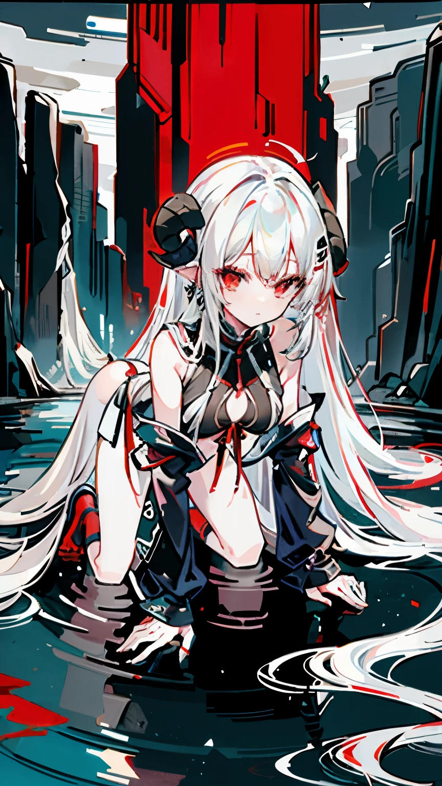 a girl,crawling on all fours， Sheep&#39;s horn, full color,  long white hair, Red Eyes ，Eyeliner, , Turn your hips, immerse in water, black transparent clothes, Red, open air, Rose, night, ruins, Butterfly，