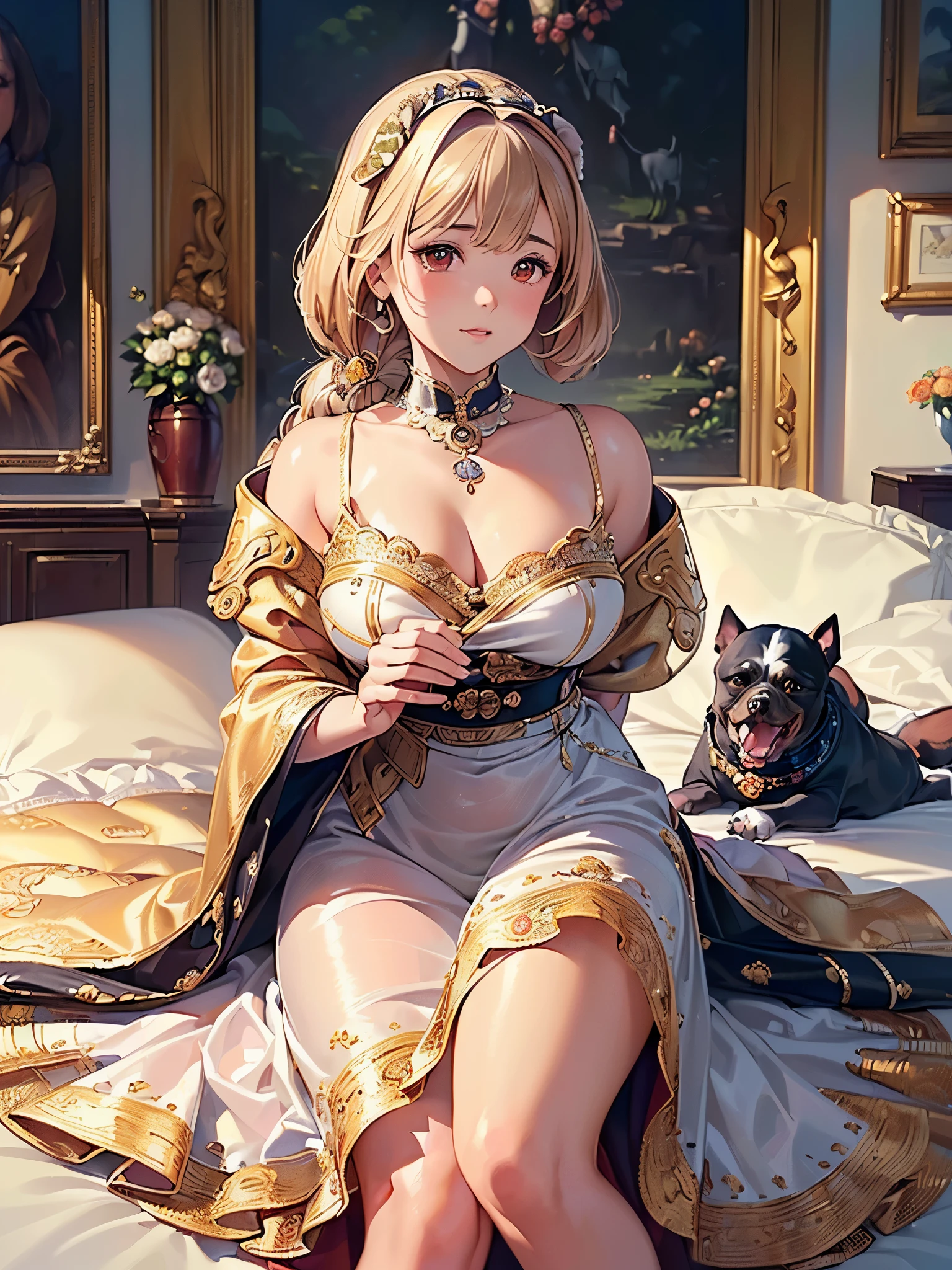 ((top quality)),(ultra high resolution),(Super detailed),(detailed description),((best CG)),(finest works of art),super precision art,amazing art of depiction,(Art with precise depiction in every detail:1.5), (1 woman:1.5),dress:1.6, (dog:1.6),snuggle up to her:1.8, rose garden:1.7