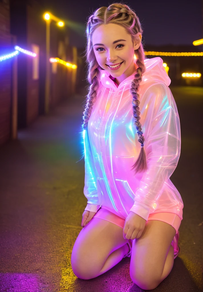 beautiful woman, 24 years old, cute smile, braids, pale pink clear  hoodie, on knees, alley, no pants, shown,  rgb, night, light rays, edc, rave, highres, lens flare, led, masterpiece, cinematic lighting, perfect skin, long vivid colorful hair, cameltoe, rave lighting,