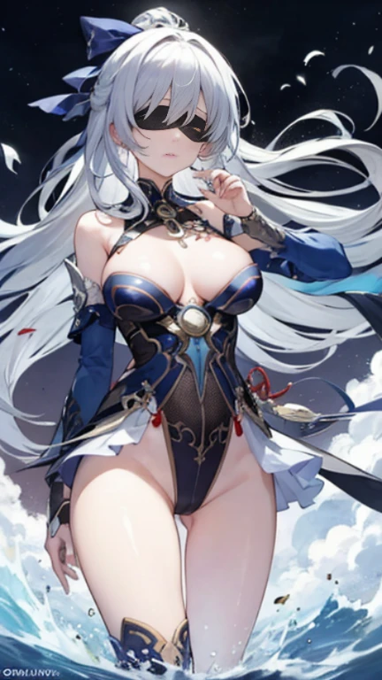 (girls:1.2),white hair,(very long hair:1.2),bow, FACE FOCUS, extremely detailed CG unity 8k wallpaper, masterpiece,JingliuV5, (blindfold), large breast:1.5, (action pose:1.2)