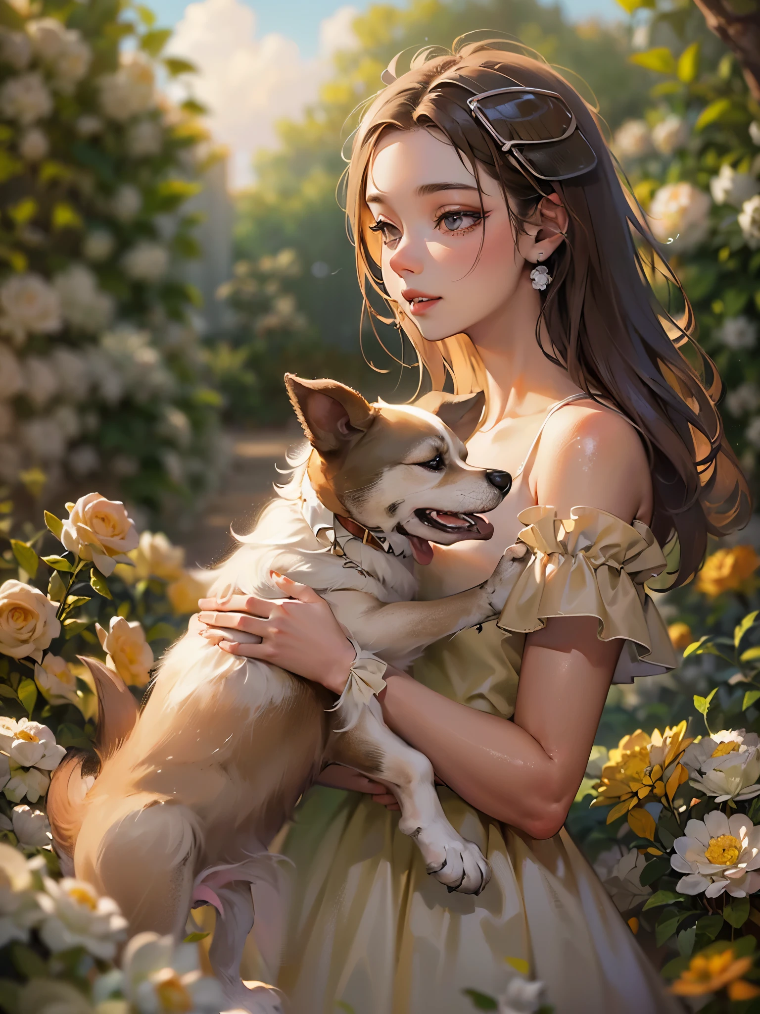((top quality)),(ultra high resolution),(Super detailed),(detailed description),((best CG)),(finest works of art),super precision art,amazing art of depiction,(Art with precise depiction in every detail:1.5), (1 woman:1.5),dress:1.6, (dog:1.6),snuggle up to her:1.8, rose garden:1.7