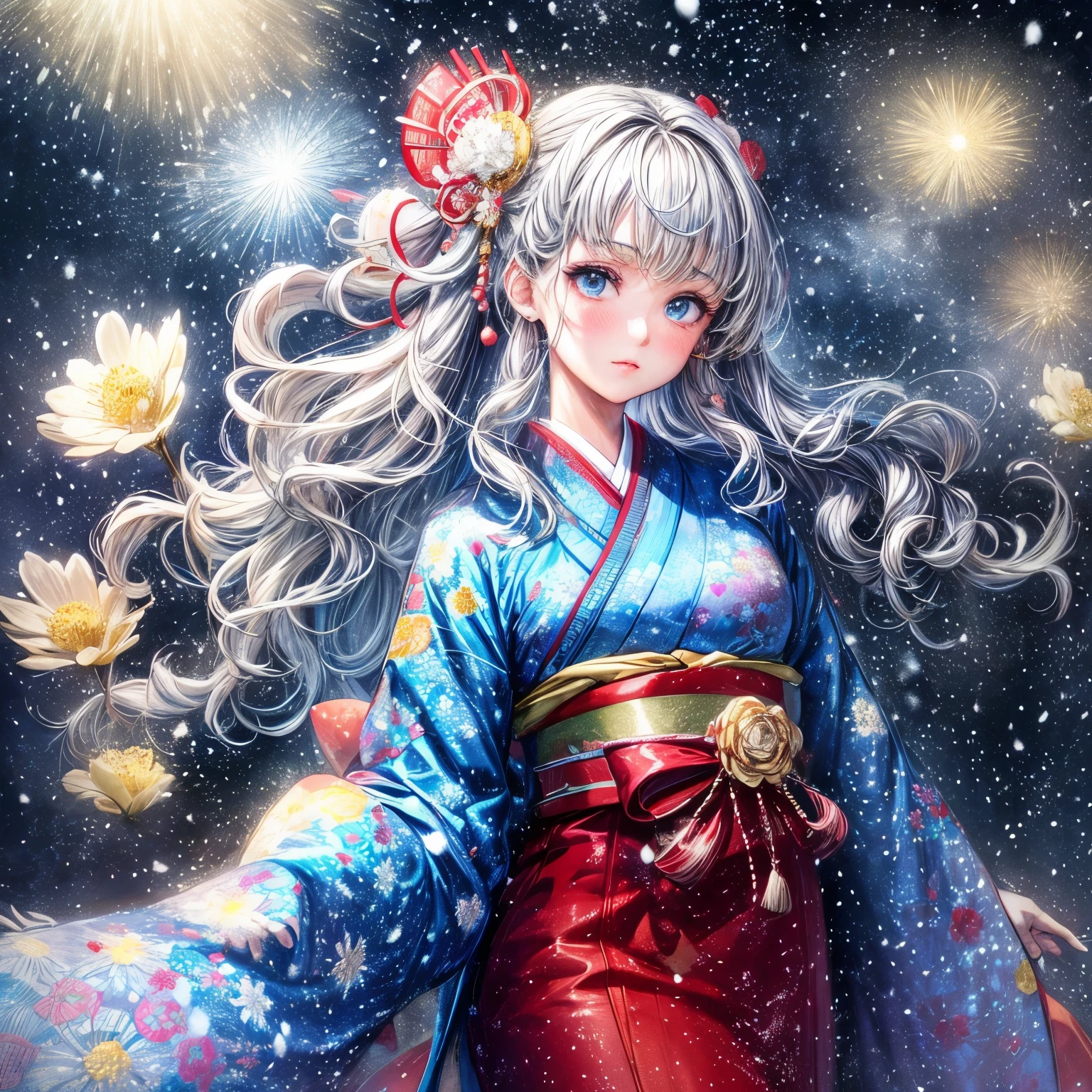 ((worst quality, low quality)), ((girl)), solo, (Close-up:1.3), (face focus:1.4), ((half updo, silver hair)), clear eyes and plump, plump lips, beautiful light blue eyes):1.2), spoken word heart, fold your hands in front of your chest and pray, (perfect hands:1.3), (traditional Japanese clothing:1.2), (wearing a kimono with a flower pattern, Delicate and detailed embroidery:1.3), embarrassing, standing ceremony, Looking at viewer, head tilt, (falling snow:1.5), (light particles, shine of light:1.4), (( Background of a fantastic Japanese torii gate illuminated)), high angle shot, muste piece, best quality, Super detailed,
