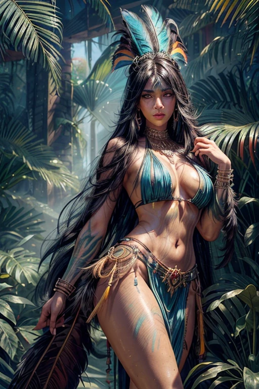 1girl, ((big chest)), (cut abdomen: 1.1), (perfect body: 1.1), (long straight hair: 1.2), ((black hair)), full body, wild Brazilian India Xavante, extreme tan skin, Extremely messy straight black hair, huge blue macaw parrot feather headdress, athletic build, long, curvy legs, large parrot feather covering, blue and yellow painted chest, yellow and green indigenous face paint, huge parrot feather necklace macaw blue, honey eyes, tall body, ((middle thiy the amazon river, extremely detailed beautiful landscape (extremely detailed 8k CG wallpaper), (extremely delicate and beautiful), (masterpiece), ( best quality: 1.0), (ultra high resolution: 1.0), beautiful lighting, perfect lighting, realistic shadows, [high resolution], detailed skin, ((skin texture)), super detailed (((colorful)))