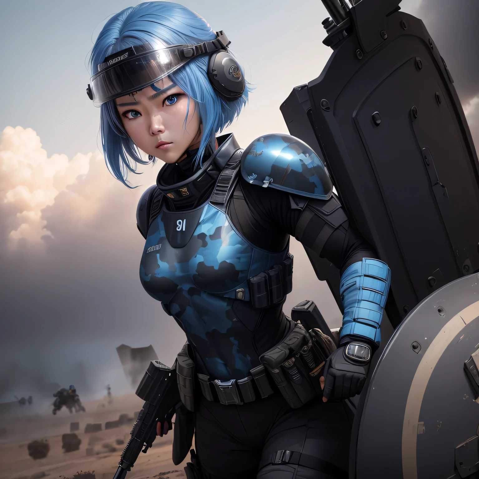 (8k, HDR, RAW photo, best quality, masterpiece:1.2, cinematic lighting), close up view, cinematic view, cinematic angle, a scene of battlefield, (Korean woman holding shield in battlefield), military, combat pose, solo, (thin face), realistic beautiful face, very detailed face, angry face, serious, (bob cuts hair), ((sky blue hair)), path traced hair, ((sky blue eyes)), beauty eyes, (flat chest), (small breast), ((tactical black helmet)), black camo uniform, black shoulder pads, black tactical vest, black armor pads, tactical socks, black tactical pants, detailed and complex busy background, (Battlefield:1.3), look up, upper body