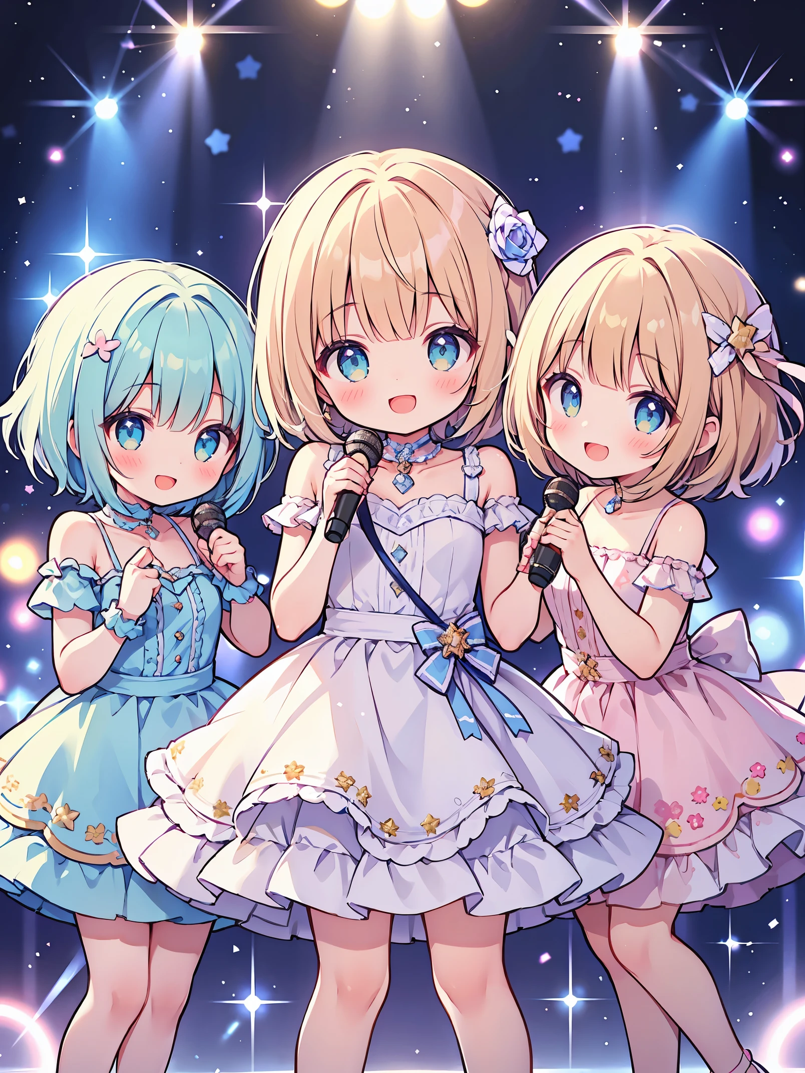 masterpiece, highest quality, highest resolution、three girls, short hair, pastel colour、idol type、hold the microphone with both hands、cute dress、sparkling eyes、a smile that charms you、Spotlight、glitter stage.