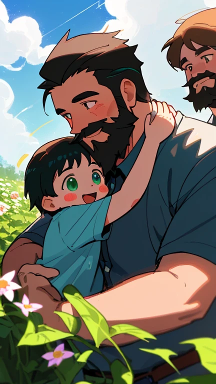 Make a poster illustration, Flat illustration, (((Father&#39;s Day))), (((father and son))), Father with a beard, shirt, Clear facial features, smile on the face happiness,  and middle aged father, on open air, Solar, blue sky and white clouds, Flowers and green plants in the foreground, colorful, very rich, contour light, warm and bright, colorful, HD 8К, colored light particles, Heterochromatic, (color: 1.5) ,--v6