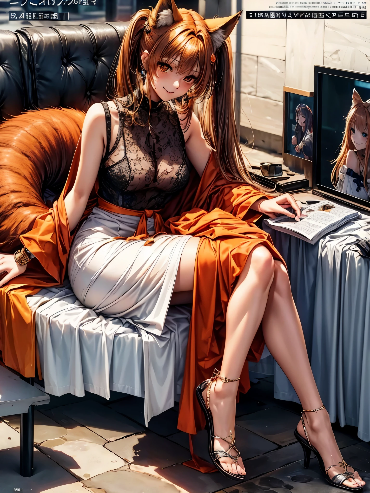 detailed sparkling orange eye，fox ear，fox tail。daily fashion clothes，32K。ssmile，highres