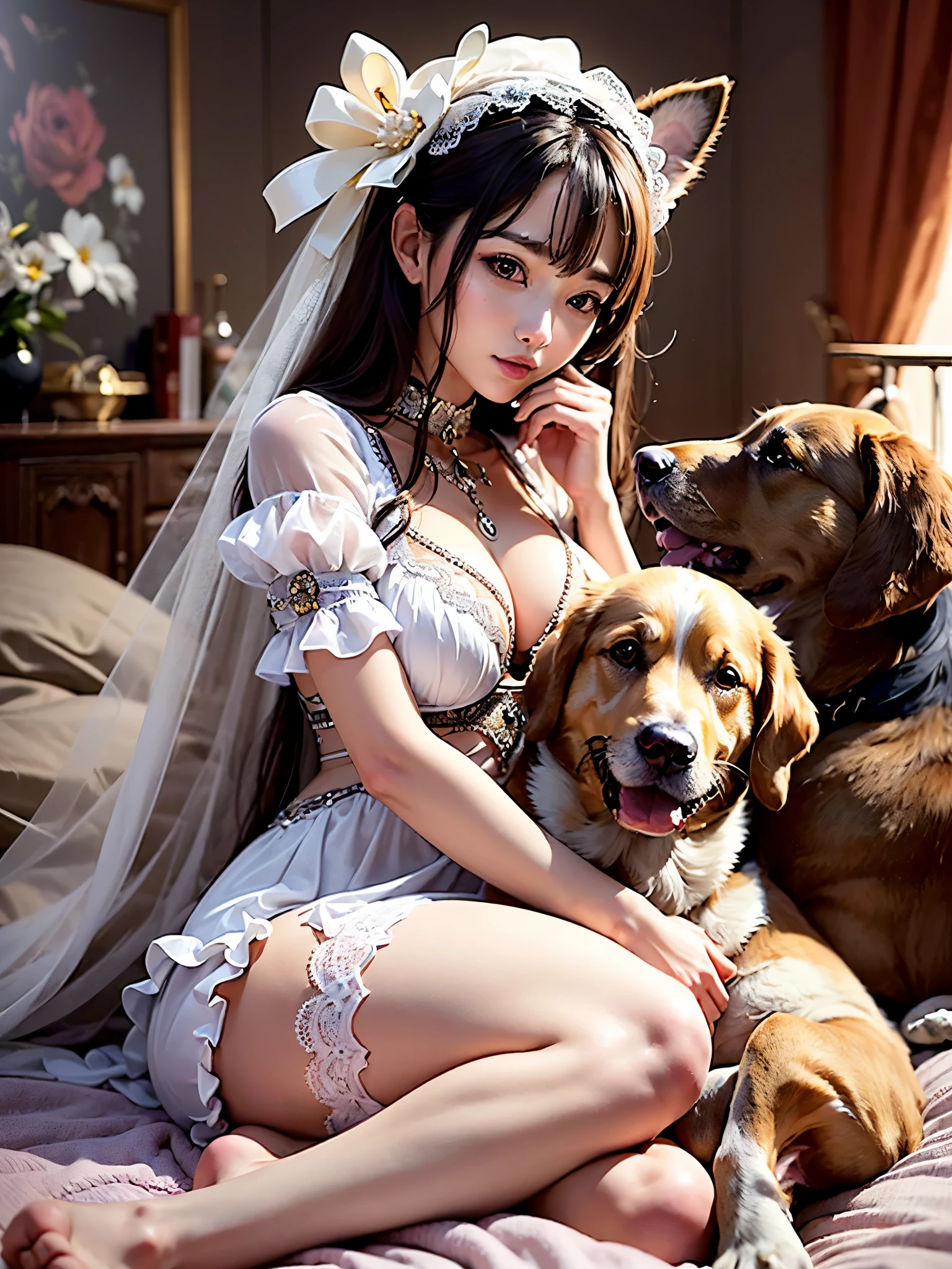 ((top quality)),(ultra high resolution),(Super detailed),(detailed description),((best CG)),(finest works of art),super precision art,amazing art of depiction,(Art with precise depiction in every detail:1.5), (1 woman:1.5),dress:1.6, (dog:1.6),snuggle up to her:1.8, rose garden:1.7