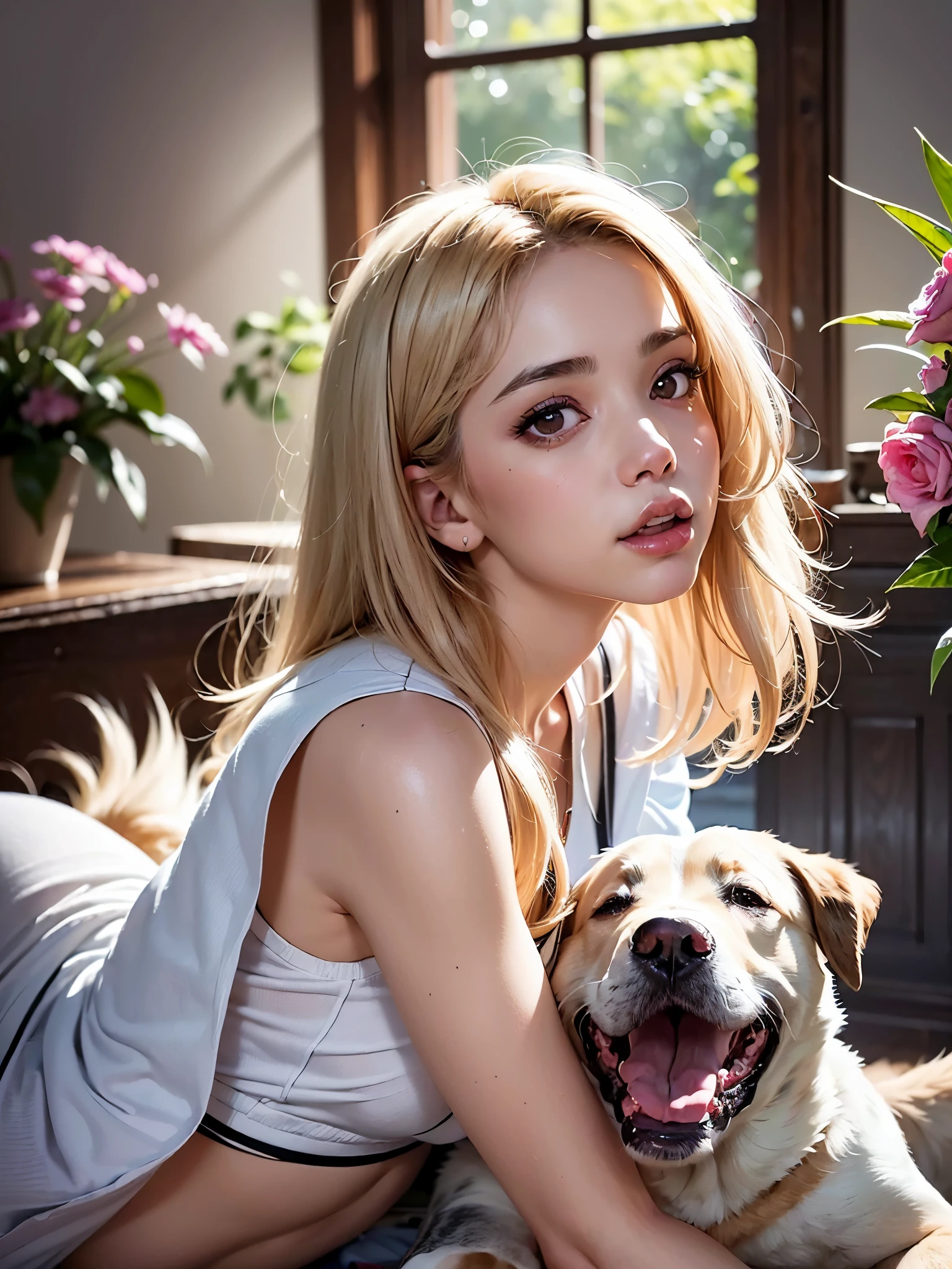((top quality)),(ultra high resolution),(Super detailed),(detailed description),((best CG)),(finest works of art),super precision art,amazing art of depiction,(Art with precise depiction in every detail:1.5), (1 woman:1.5),dress:1.6, (dog:1.6),snuggle up to her:1.8, rose garden:1.7